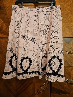 Peter Nygard Vintage Rockabilly Size 16 Pink Floral A-Line Skirt Black Lace Trim